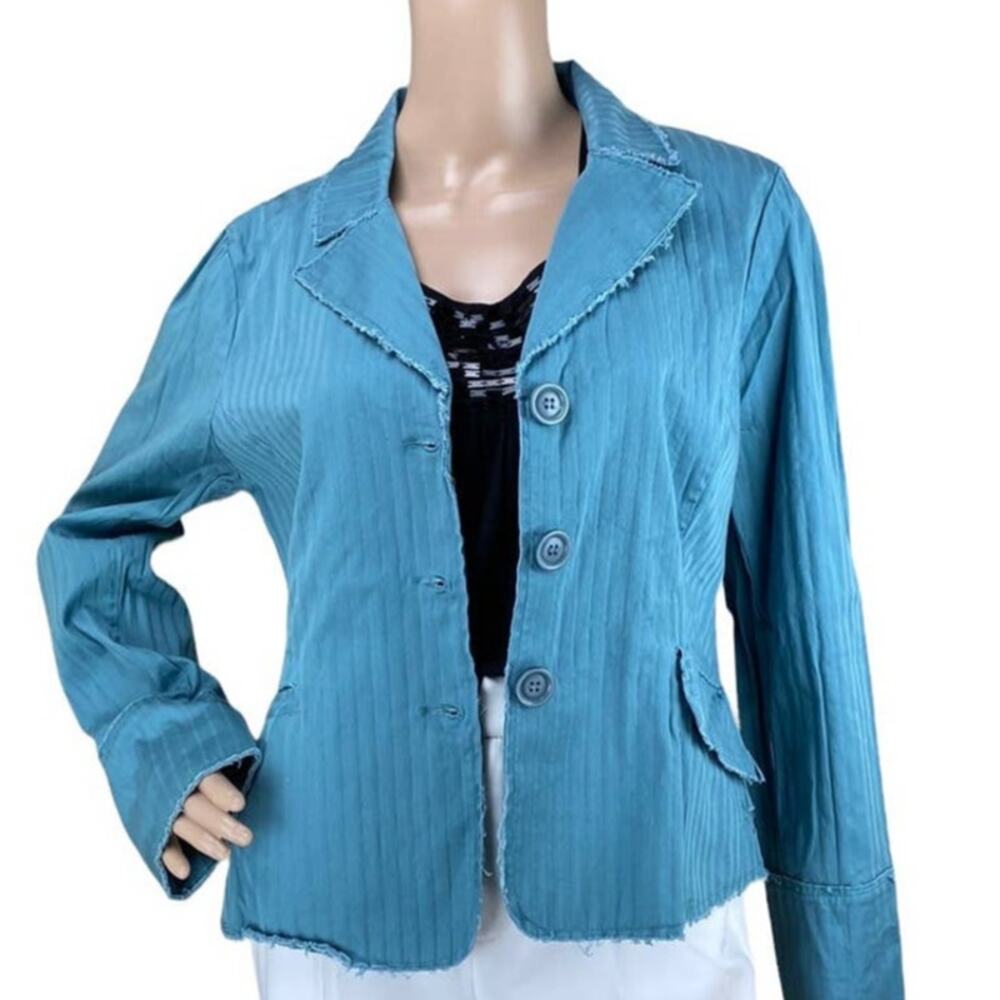 6 Degrees Women XL Teal Blue Frayed Hem Ruffled Back Cotton Stretch Blazer NWOT